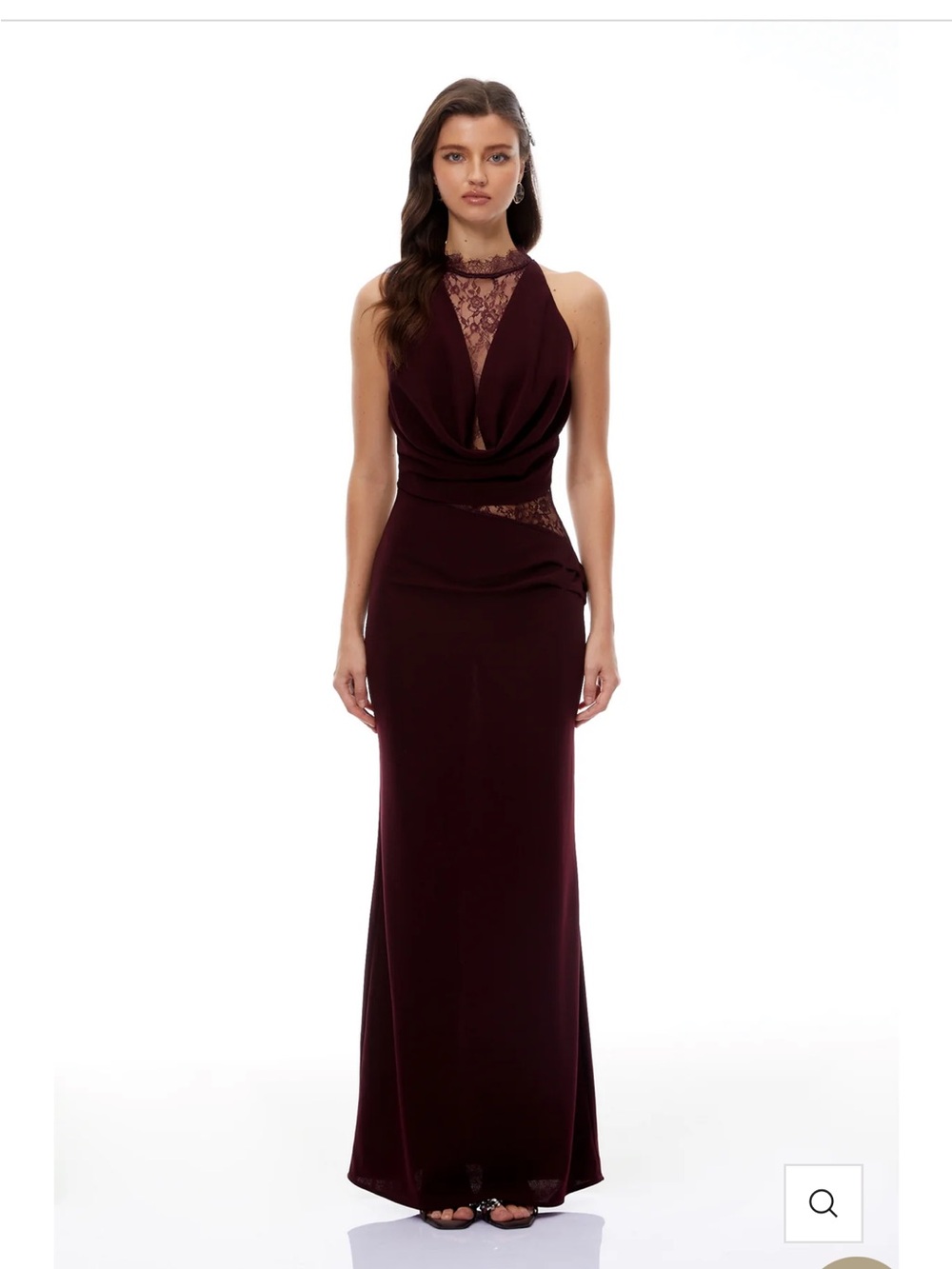 Miss Rosier Burgundy Lace-Trim Halter Evening Gown